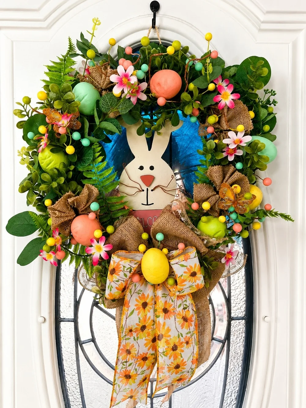 Spring Bunny Easter Wreath with Pastel Eggs - Home Holiday Decor